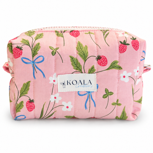 Strawberry Bows Quilted Makeup Bag