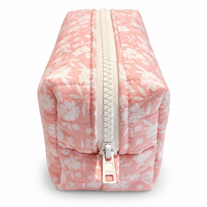 Coral Floral Quilted Makeup Bag