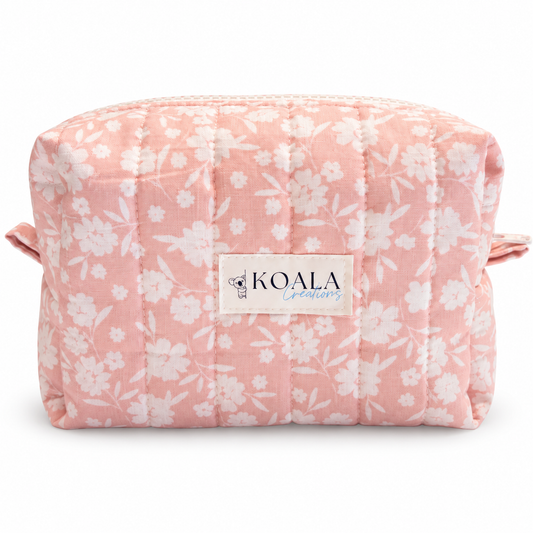 Coral Floral Quilted Makeup Bag
